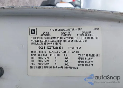 1996 Chevrolet S-10 Pickup z USA, uszkodzony, nr VIN 1GCCS14X7C8218351